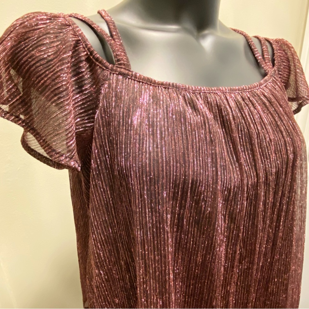 Lily Morgan Metallic Pleated Cold Shoulder Flutter Sleeves Straps Party Top L